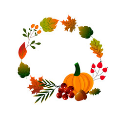Fototapeta premium Round frame made of autumn leaves with pumpkin. Autumn illustration. Vector drawing on a white background. For congratulations, invitations, flyers, decoration and design.