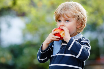 Happy little preschool boy with apple on his first day to elementary school or nursery. Smiling...