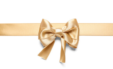 Fototapeta premium Beautiful golden ribbon with bow on white background