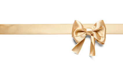 Beautiful golden ribbon with bow on white background