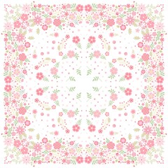 Square silk neck scarf with floral ornament from pink flowers on white background. Bandana print.
