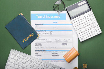 Composition with travel insurance and calculator on color background