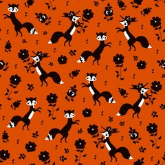 Stylish seamless pattern with black and white foxes and flowers on orange background. Print for fabric and textile.
