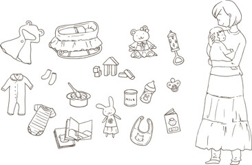 赤ちゃんを抱く女性とベビー用品のイラストセット