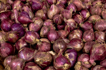 Top view of onions (shallots) spread in market