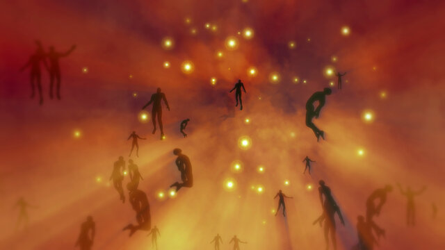 People floating, rising into space , heavens. Astral plane. Silhouettes of many people ascending to stars.Men , women rise into sky. Afterlife plane of existence .  3d render illustration