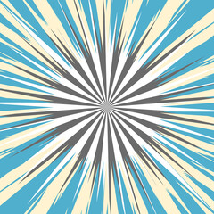 Pop art radial colorful comics book magazine cover. Striped blue digital background. Cartoon funny retro pattern strip mock up. Vector halftone illustration. Sunburst, starburst shape
