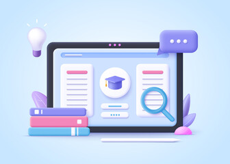 Concept of e-learning, online education at home.  3d realistic vector illustration. © Анна Тощева