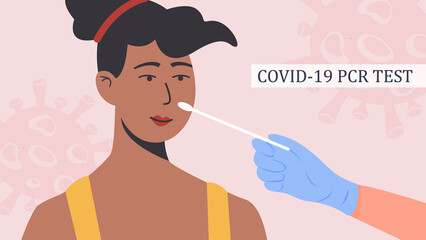 A doctor or nurse in latex gloves takes nasal swab test. Covid-19 PCR test. African-american Woman doing Coronavirus testing in Clinic. Vector banner, Illustration in flat style.