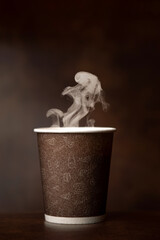 Hot Coffee In Paper Cup With Smoke On Vintage Background, Aroma Coffee