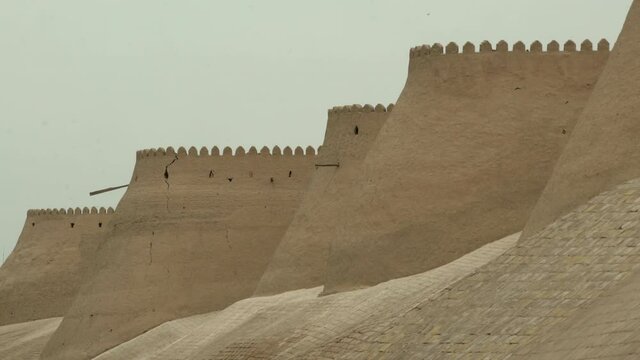 Close-Up Lockdown Shot Wall Of Massive Ark Of Bukhara Against Clear Sky - Khiva, Uzbekistan
