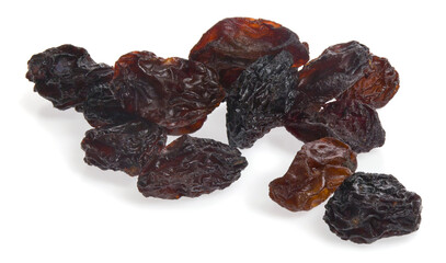 Raisins isolated on white background.