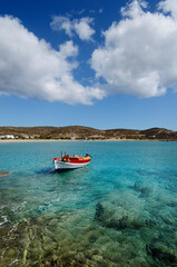 The spectacular bay with Manganari beach on the south coast of the Greek island of Ios in the Cyclades archipelago