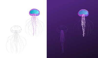 Four gradient jellyfish of different colors in the online style and cartoon. Marine life
