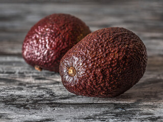 Healthy and nutritious fruits of brown avocado on dark background