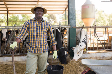 Portrait of confident African American man cow breeder standing in outdoor cowshed on sunny summer day