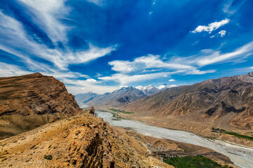 View of Spiti valley and Spiti river in Himalayas.