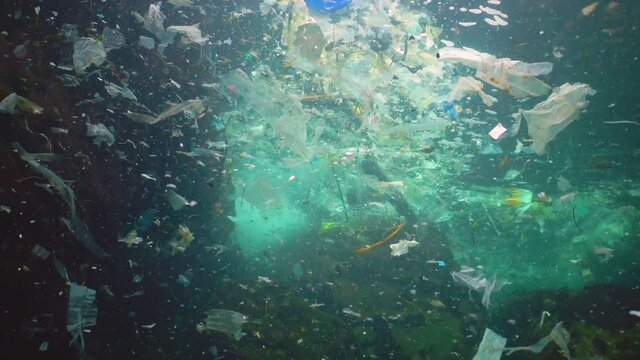 Marine pollution. Plastic debris in the water, killing wildlife. Plastic garbage and other debris floating underwater. Black Sea, Bulgary