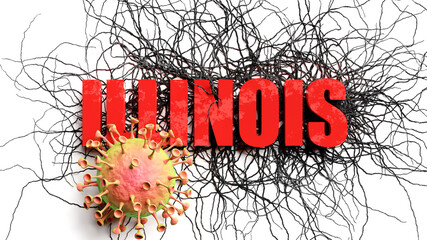 Degradation and illinois during covid pandemic, pictured as declining phrase illinois and a corona virus to symbolize current problems caused by epidemic, 3d illustration