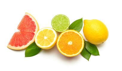 Healthy citrus fruits on white background