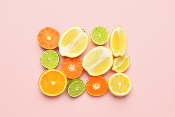 Healthy citrus fruits on color background