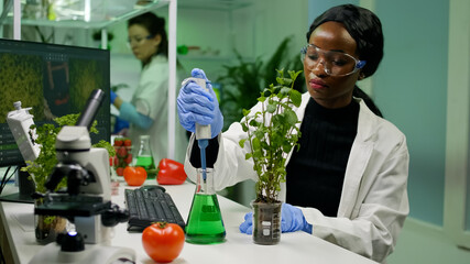 African botanist researcher taking genetic solution from test tube with micropipette putting on...