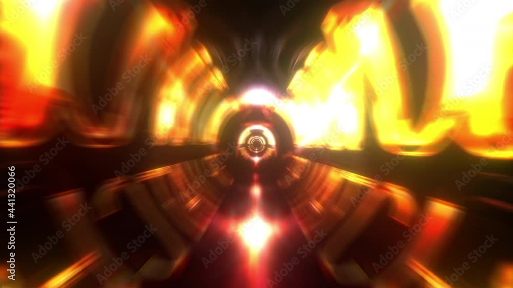 Poster 3d loop animation glowing blurred golden bright futuristic tunnel rotation over black background. 4k