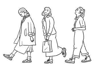 幸せな３人の女の子の集い歩いて何処行こう白黒