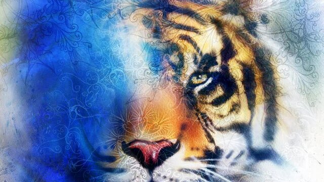 portrait tiger with eagle. Color Abstract background and ornament, vintage and paper structure. Animal concept, eye contact. Blue, orange, black and white color.