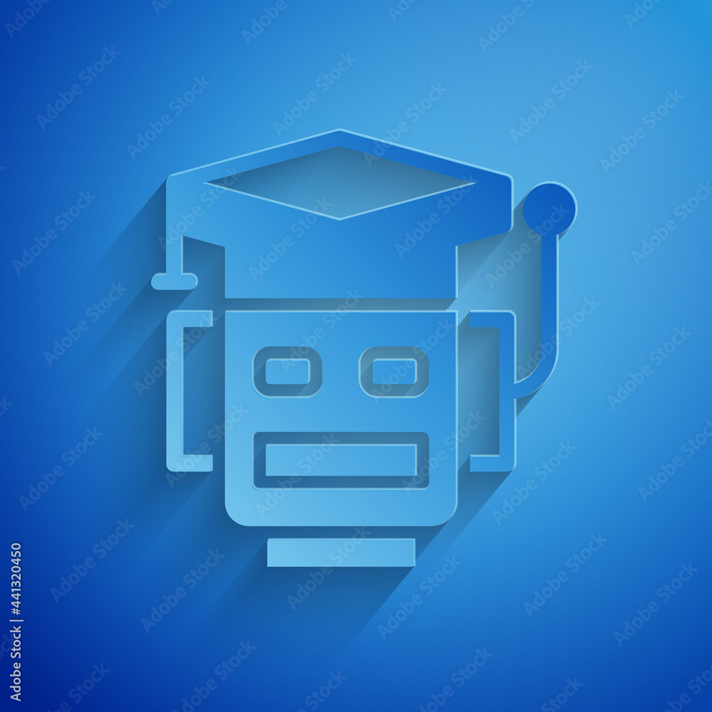 Poster paper cut robot icon isolated on blue background. artificial intelligence, machine learning, cloud c