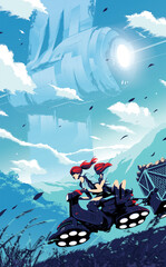 2 children are riding a hover scooter carrying their crops on the trailer back to home with the background of a futuristic massive structure in the sky.
