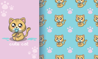 Cute cat with ice cream seamless pattern Free Vector Download