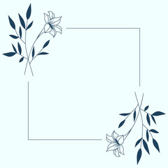 Floral Wreath branch in hand drawn style. Floral Rectangle blue and navy. frame of twigs, leaves and flowers. Frames for the Valentine's day, wedding decor, logo and identity template.