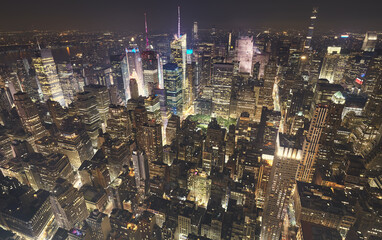 Aerial view of Manhattan cityscape at a hazy night, New York City, USA.