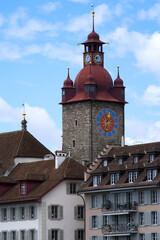 Medieval City Hall with stone clock tower at City of Lucerne. Photo taken June 22nd, 2021, Luzern,...