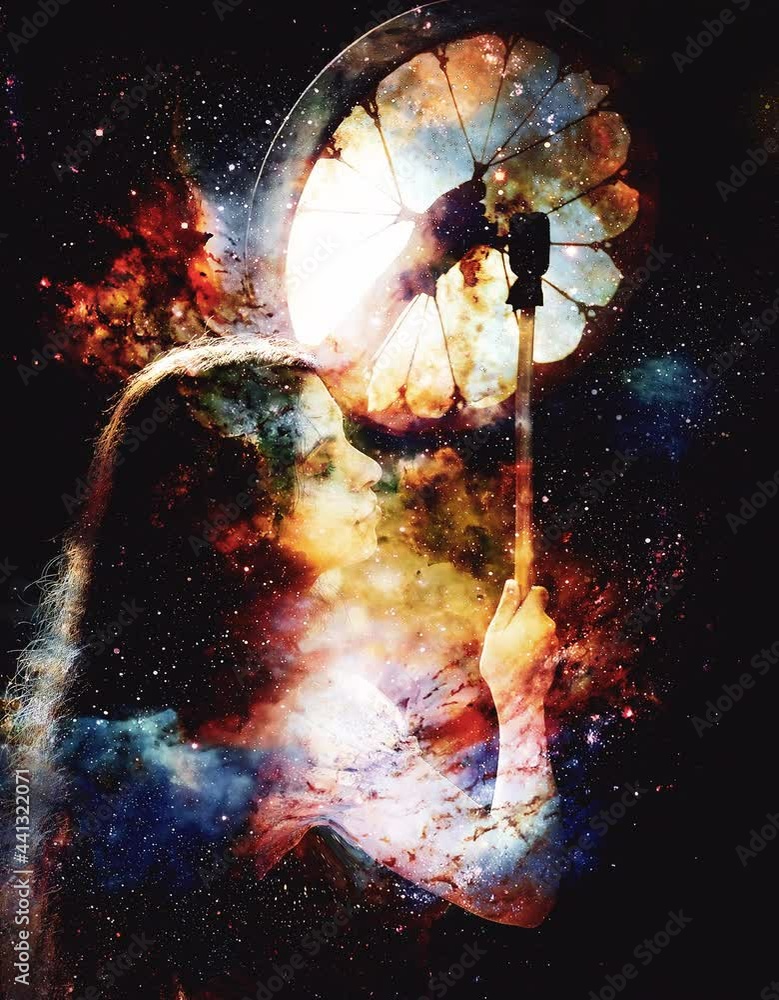 Poster shamanic girl with frame drum on abstract structured space background.