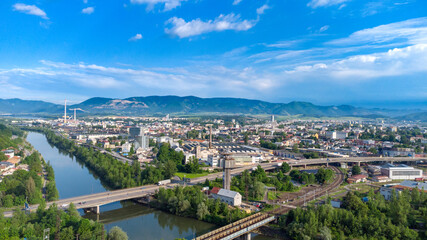 Fototapeta na wymiar Aerial view of Zilina in Slovakia. View at city from bird sight. City from drone.