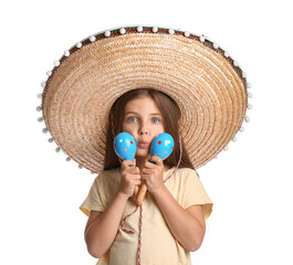 Cute Mexican girl in sombrero hat and with maracas on white background