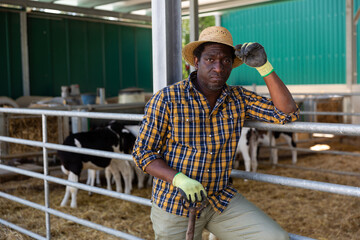 Portrait of confident young adult man farmer posing on dairy farm
