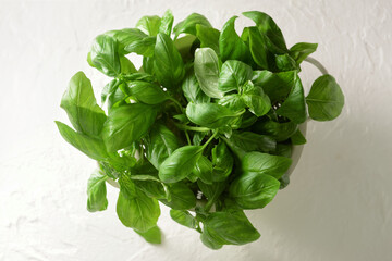 Colander with fresh basil leaves on light background