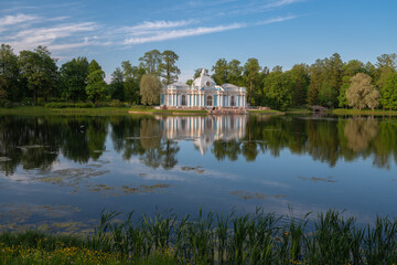 Pavilion Grotto on the shore of a large pond in the Catherine Park in Tsarskoye Selo on a sunny...