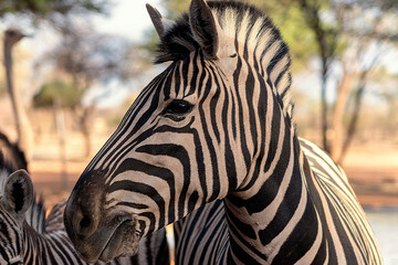 Wild african animals.  African Mountain Zebra standing  in grassland. Etosha National Park. Namibia