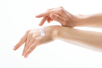 female hands applying cream moisturizing cosmetics massage