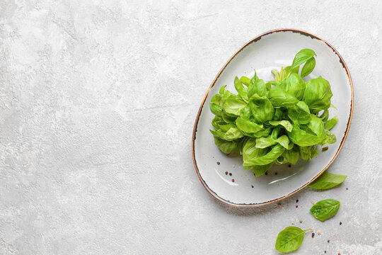Plate with fresh basil leaves on light background