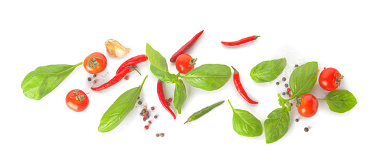 Fresh basil leaves and products on white background