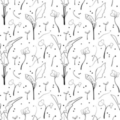 Seamless pattern with broccoli, and onion sprouts background. Sketch microgreen seeds vector illustration