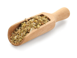 Scoop with dried chamomile flowers on white background