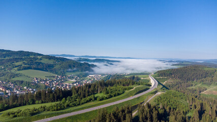 Aerial view with Valy Bridge, the tallest bridge in Slovakia.