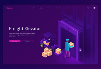 Freight elevator isometric landing page. Worker character with boxes on forklift loader and hands enter cargo lift. Man with parcel walk in open door in industrial center or mall, 3d vector web banner