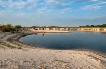 The white sands of the shoals at the turns of the big river. Oka River, Ryazan region, Russia.